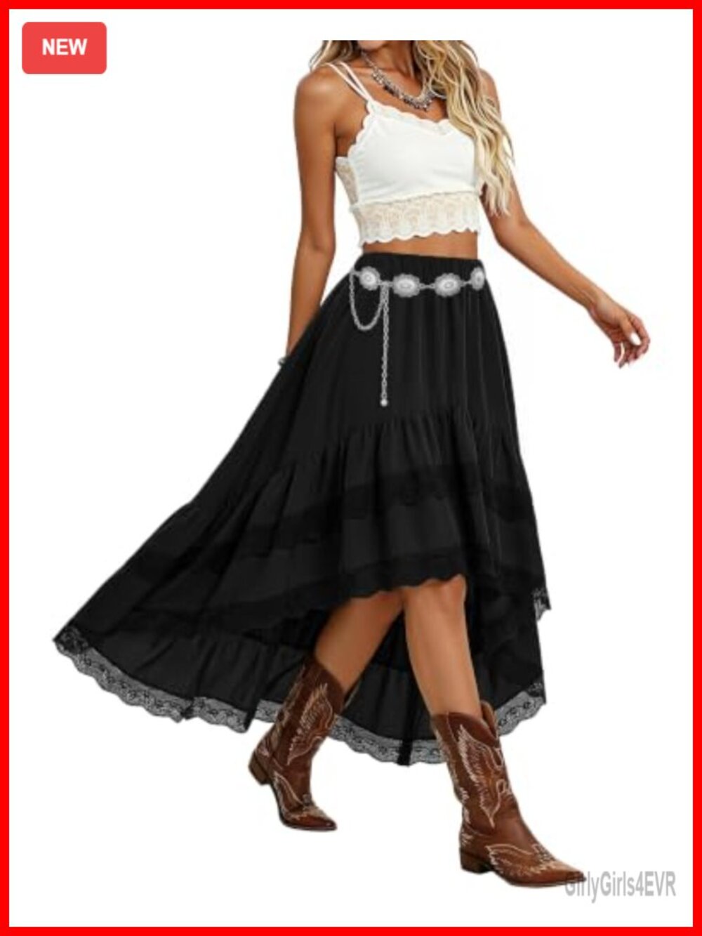 High Waist Lace Fringe Asymmetrical Midi Skirt Western Boho Concert Outfit